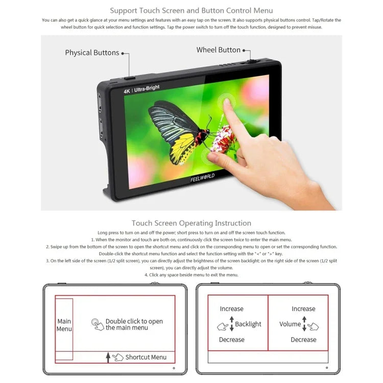 FEELWORLD LUT6 1920x1080 2600ニット 6インチ IPSスクリーン HDMI 4K タッチコントロール カメラフィールドモニター、LUT6