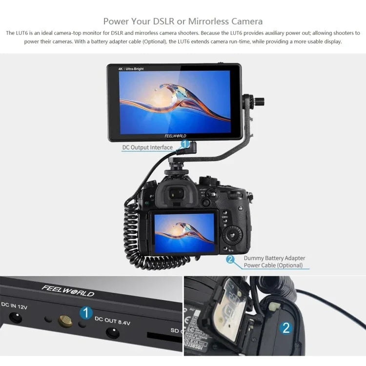 FEELWORLD LUT6 1920x1080 2600ニット 6インチ IPSスクリーン HDMI 4K タッチコントロール カメラフィールドモニター、LUT6