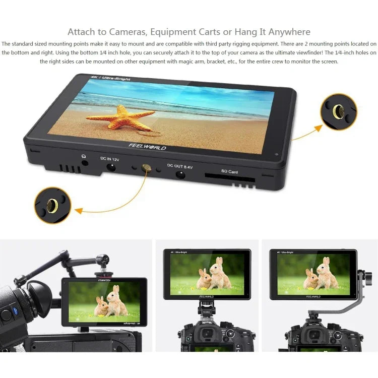 FEELWORLD LUT6 1920x1080 2600ニット 6インチ IPSスクリーン HDMI 4K タッチコントロール カメラフィールドモニター、LUT6