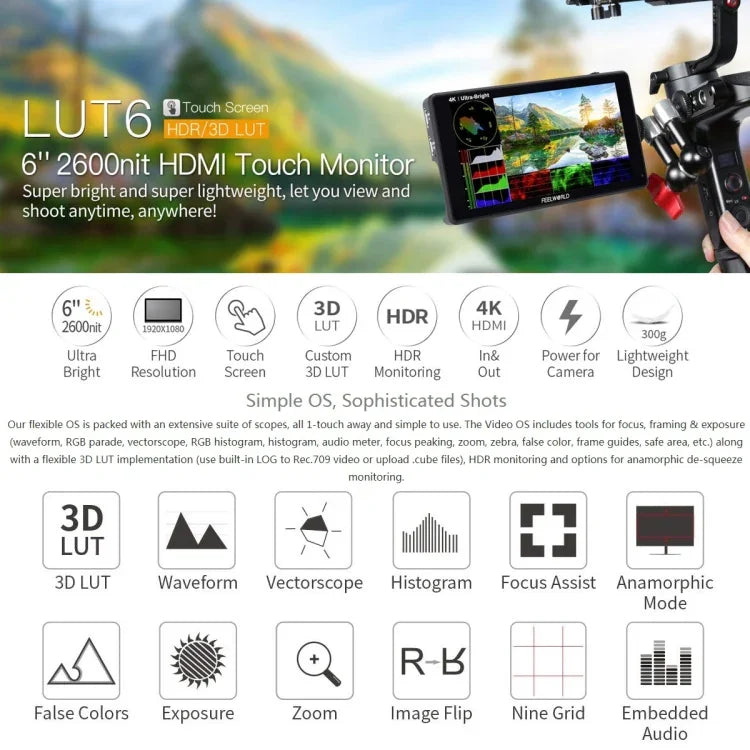 FEELWORLD LUT6 1920x1080 2600ニット 6インチ IPSスクリーン HDMI 4K タッチコントロール カメラフィールドモニター、LUT6