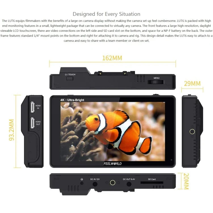 FEELWORLD LUT6 1920x1080 2600ニット 6インチ IPSスクリーン HDMI 4K タッチコントロール カメラフィールドモニター、LUT6