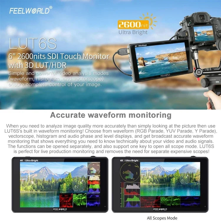 FEELWORLD LUT6S 1920x1080 2600ニット 6インチIPSスクリーン HDMI 4Kタッチスクリーン SDI HDIカメラフィールドモニター、LUT6S