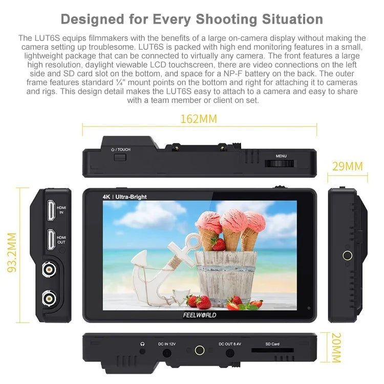FEELWORLD LUT6S 1920x1080 2600ニット 6インチIPSスクリーン HDMI 4Kタッチスクリーン SDI HDIカメラフィールドモニター、LUT6S