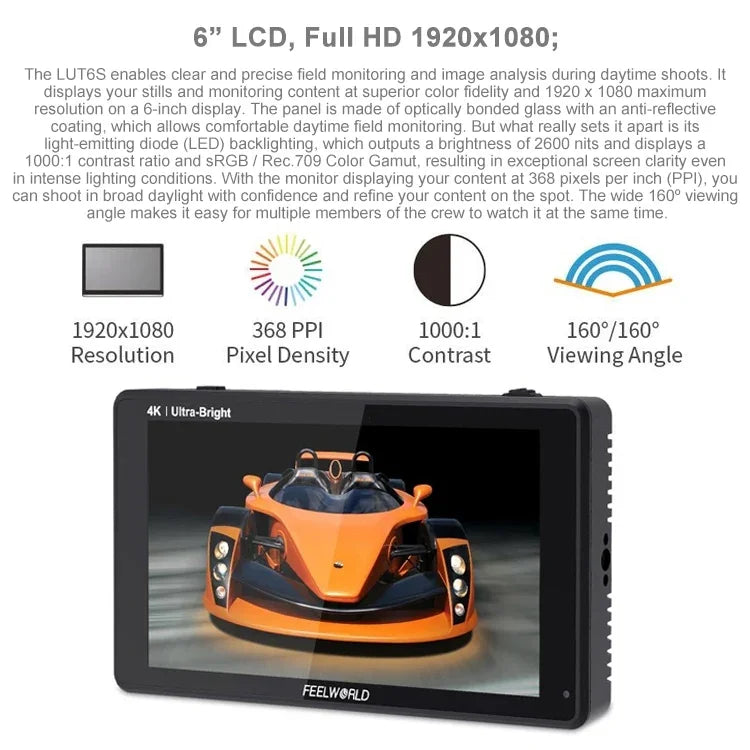 FEELWORLD LUT6S 1920x1080 2600ニット 6インチIPSスクリーン HDMI 4Kタッチスクリーン SDI HDIカメラフィールドモニター、LUT6S