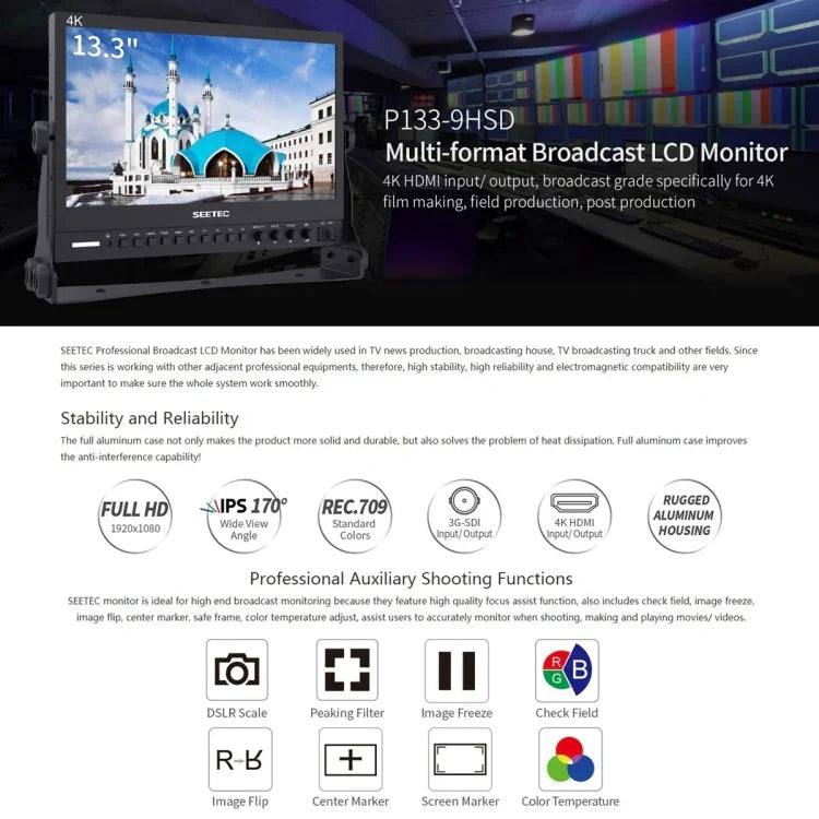 SEETEC P133-9HSD 1920x1080 13.3インチ放送レベルフルHDメディアフィルムカメラフィールドモニター、P133-9HSD