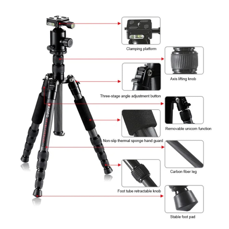 TRIOPO T259G+Q2 調整可能ポータブルカーボンファイバートライポッド Q-2 ボールヘッド付き SLRカメラ用, T259G+Q2