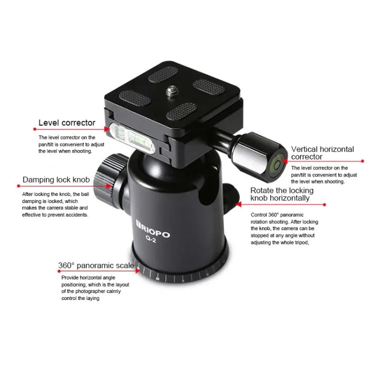 TRIOPO T259G+Q2 調整可能ポータブルカーボンファイバートライポッド Q-2 ボールヘッド付き SLRカメラ用, T259G+Q2