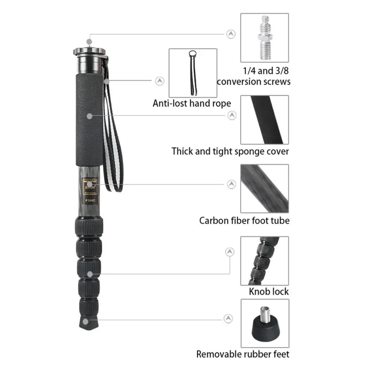 BEXIN P306C ポータブル トラベル アウトドア DSLRカメラ カーボンファイバー モノポッドホルダー, P306C