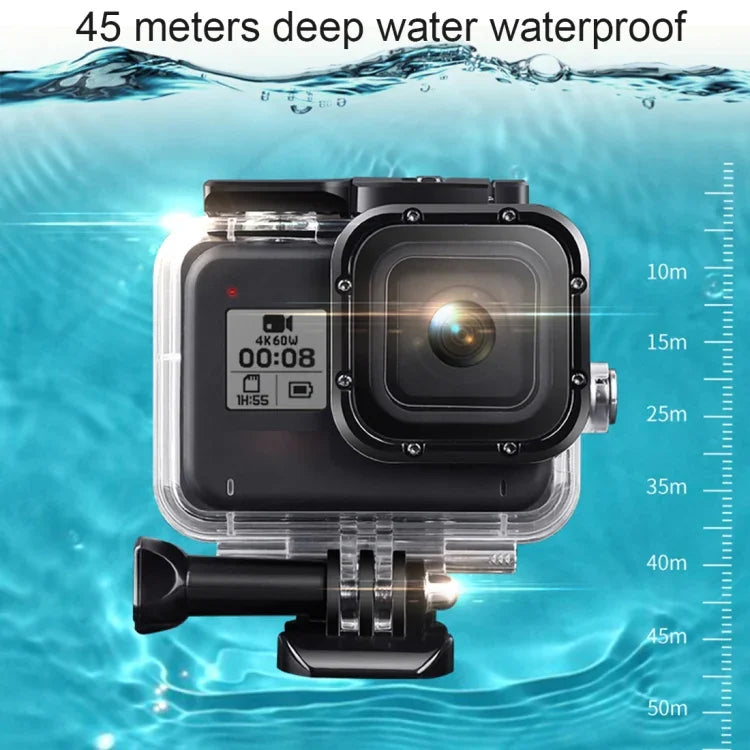GoPro HERO8 Black用 45m防水ハウジング保護ケース バックル付きベーシックマウント＆ネジ＆フローティングボバ―グリップ＆ストラップ＆防曇インサート, 透明HERO8ケース