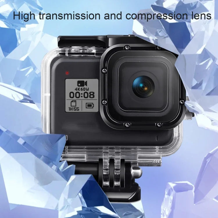 GoPro HERO8 Black用 45m防水ハウジング保護ケース バックル付きベーシックマウント＆ネジ＆フローティングボバ―グリップ＆ストラップ＆防曇インサート, 透明HERO8ケース