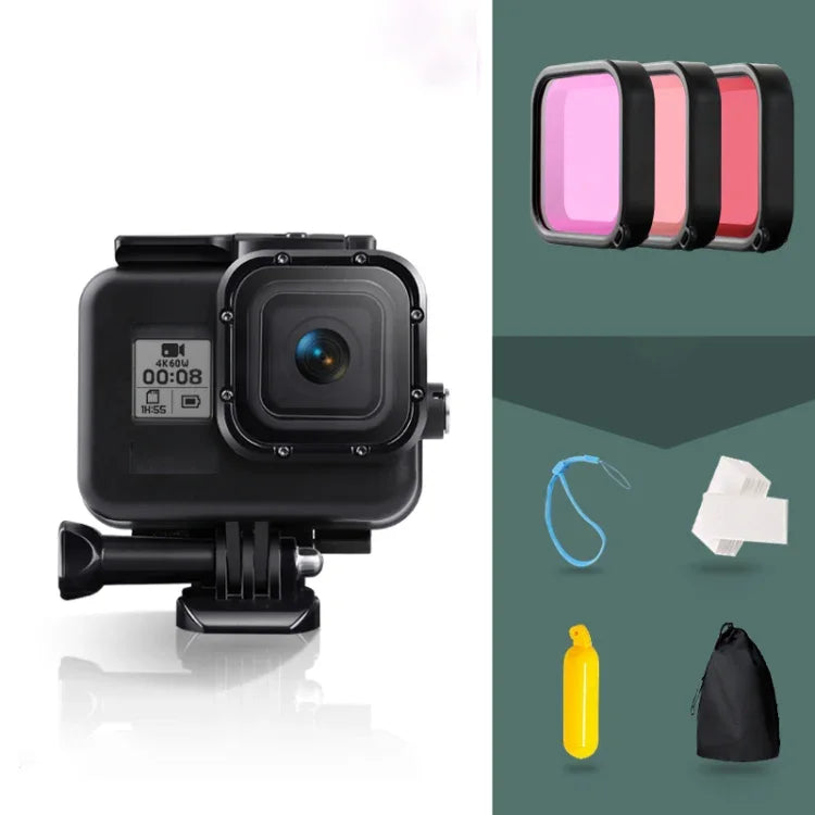 GoPro HERO8 Black 45m防水ハウジング保護ケース バックル付きベーシックマウント＆ネジ＆（パープル、レッド、ピンク）フィルター＆フローティングボバ―グリップ＆ストラップ＆防曇インサート、透明HERO8ケース＋フィルター