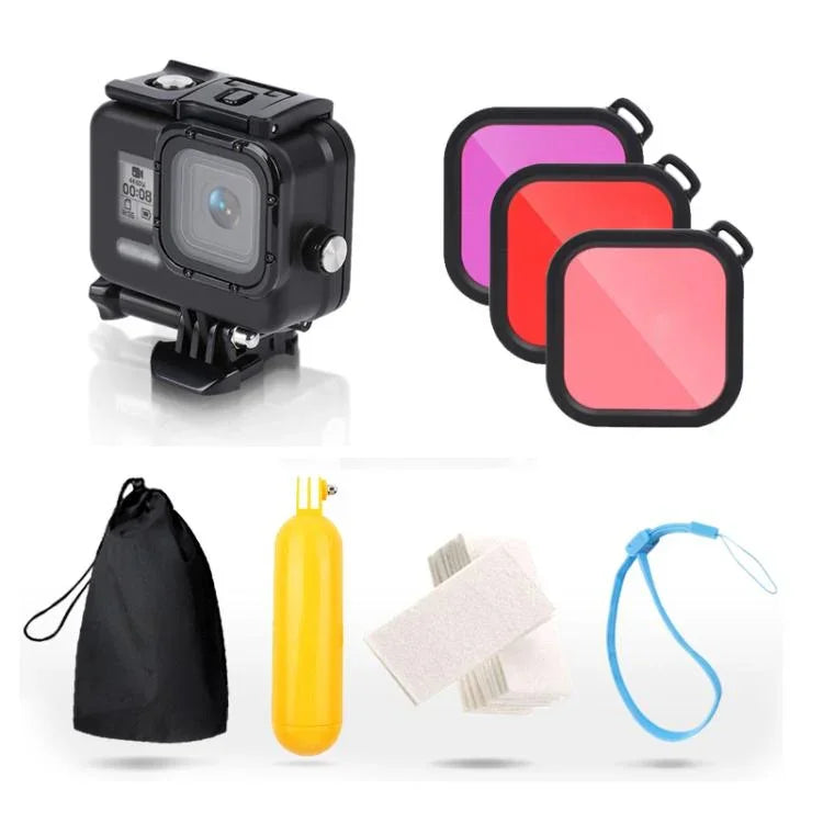 GoPro HERO8 Black 45m防水ハウジング保護ケース バックル付きベーシックマウント＆ネジ＆（パープル、レッド、ピンク）フィルター＆フローティングボバ―グリップ＆ストラップ＆防曇インサート、透明HERO8ケース＋フィルター