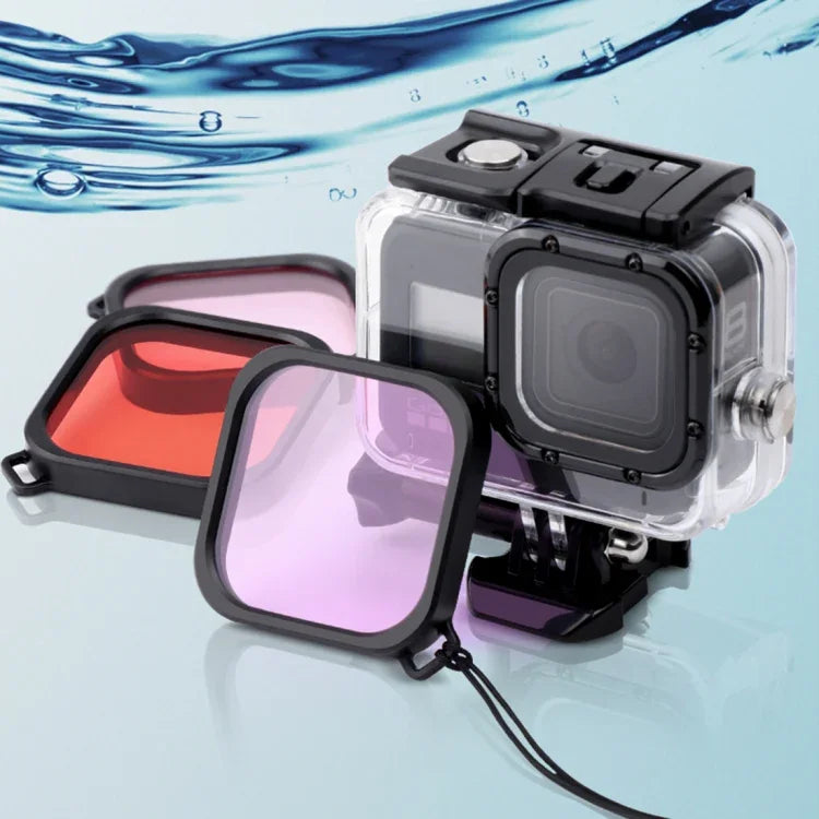 GoPro HERO8 Black 45m防水ハウジング保護ケース バックル付きベーシックマウント＆ネジ＆（パープル、レッド、ピンク）フィルター＆フローティングボバ―グリップ＆ストラップ＆防曇インサート、透明HERO8ケース＋フィルター