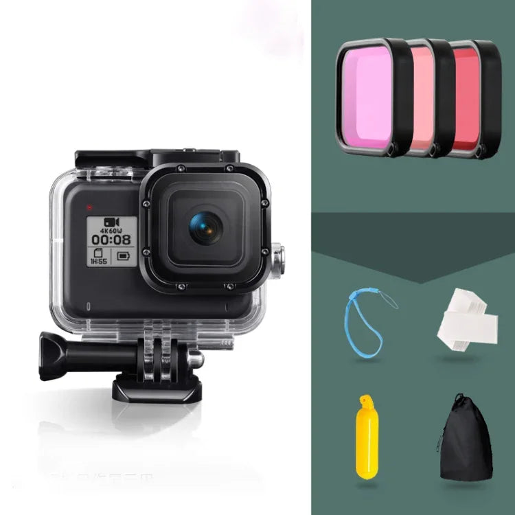 GoPro HERO8 Black用 45m防水ハウジング保護ケース バックル付きベーシックマウント＆ネジ＆（パープル、レッド、ピンク）フィルター＆フローティングボバ―グリップ＆ストラップ＆防曇インサート, ブラックHERO8ケース＋フィルター