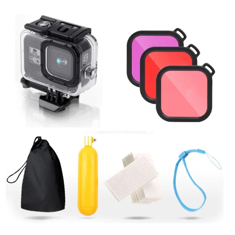 GoPro HERO8 Black用 45m防水ハウジング保護ケース バックル付きベーシックマウント＆ネジ＆（パープル、レッド、ピンク）フィルター＆フローティングボバ―グリップ＆ストラップ＆防曇インサート, ブラックHERO8ケース＋フィルター