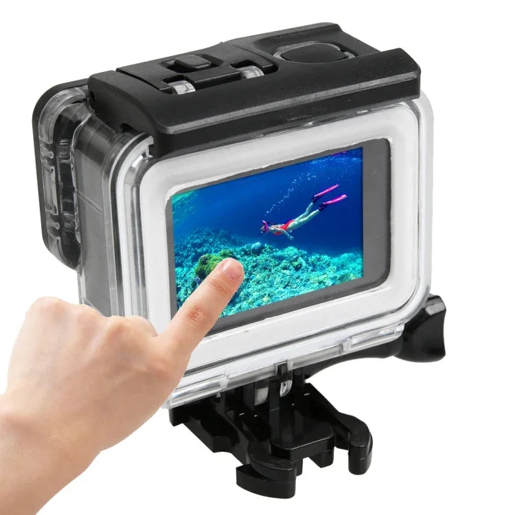 GoPro HERO5用 30m防水PC＆ABSハウジング保護ケース＋タッチバックカバー バックル付きベーシックマウント＆ロングネジ, バックカバーサイズ: 7 x 6 cm, 保護ケース
