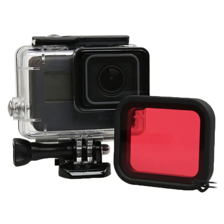 GoPro HERO5用30m防水PC＆ABSハウジング保護ケース＋カメラレンズ赤色四角フィルター バックルベーシックマウント＆ロングスクリュー＆紛失防止ハンドストラップ付き 保護ケース＋フィルター