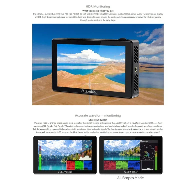 FEELWORLD LUT5 5.5インチ 超高輝度3000nit タッチスクリーン DSLRカメラ用フィールドモニター、LUT5