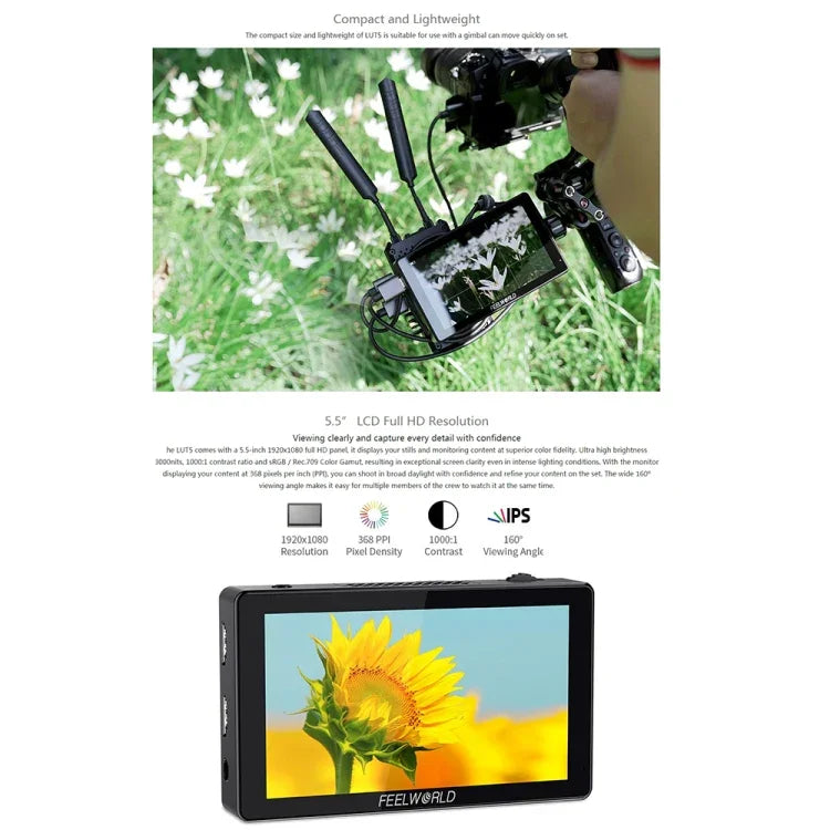 FEELWORLD LUT5 5.5インチ 超高輝度3000nit タッチスクリーン DSLRカメラ用フィールドモニター、LUT5