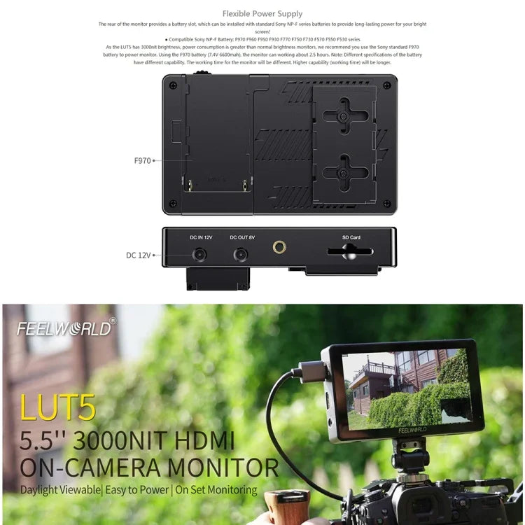 FEELWORLD LUT5 5.5インチ 超高輝度3000nit タッチスクリーン DSLRカメラ用フィールドモニター、LUT5