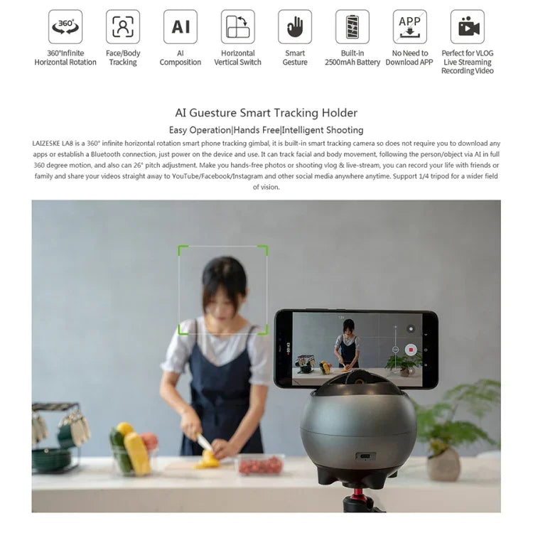 LAIZESKE LA8 スマートロボットカメラマン 360度自動追尾スマホホルダー、LA8