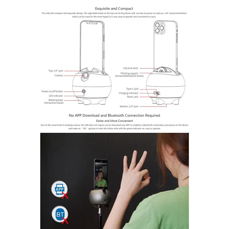 LAIZESKE LA8 スマートロボットカメラマン 360度自動追尾スマホホルダー、LA8
