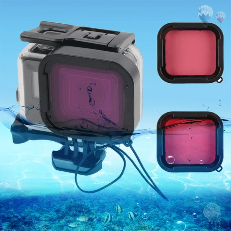 GoPro NEW HERO /HERO6 /5用 45m防水ハウジング保護ケース＋タッチスクリーンバックカバー バックルベーシックマウント＆ネジ付き ＋（パープル、レッド、ピンク）フィルター レンズ取り外し不要 タッチスクリーン＋フィルター（透明）