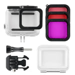 GoPro NEW HERO /HERO6 /5用 45m防水ハウジング保護ケース＋タッチスクリーンバックカバー バックルベーシックマウント＆ネジ付き ＋（パープル、レッド、ピンク）フィルター レンズ取り外し不要 タッチスクリーン＋フィルター（透明）