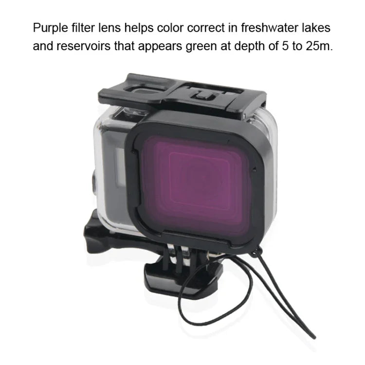 GoPro NEW HERO /HERO6 /5用 45m防水ハウジング保護ケース＋タッチスクリーンバックカバー バックルベーシックマウント＆ネジ付き ＋（パープル、レッド、ピンク）フィルター レンズ取り外し不要 タッチスクリーン＋フィルター（透明）