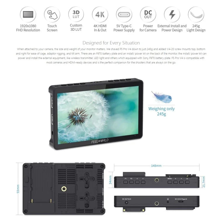 FEELWORLD F5 Pro V4 6インチ タッチスクリーン DSLRカメラフィールドモニター 3D LUT 4K HDMI 入出力 チルトアーム、F5 Pro V4