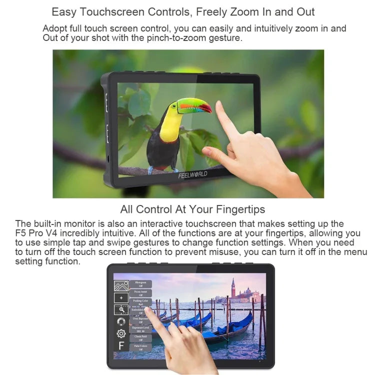 FEELWORLD F5 Pro V4 6インチ タッチスクリーン DSLRカメラフィールドモニター 3D LUT 4K HDMI 入出力 チルトアーム、F5 Pro V4