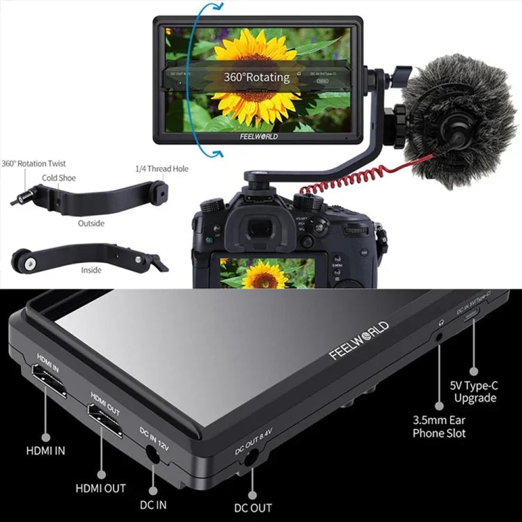 FEELWORLD FW568 V3 6インチ 3D LUT DSLRカメラフィールドモニター、IPS フルHD 1920 x 1152、HDMI 入出力対応 チルトアーム付き