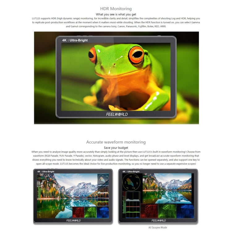 FEELWORLD LUT11S 10.1インチ 超高輝度 2000nit タッチスクリーン DSLRカメラフィールドモニター、3G-SDI 4K HDMI 入出力 1920 x 1200 IPSパネル、LUT11S