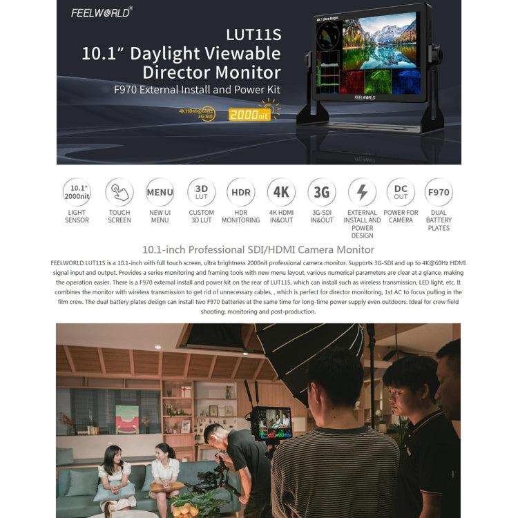 FEELWORLD LUT11S 10.1インチ 超高輝度 2000nit タッチスクリーン DSLRカメラフィールドモニター、3G-SDI 4K HDMI 入出力 1920 x 1200 IPSパネル、LUT11S