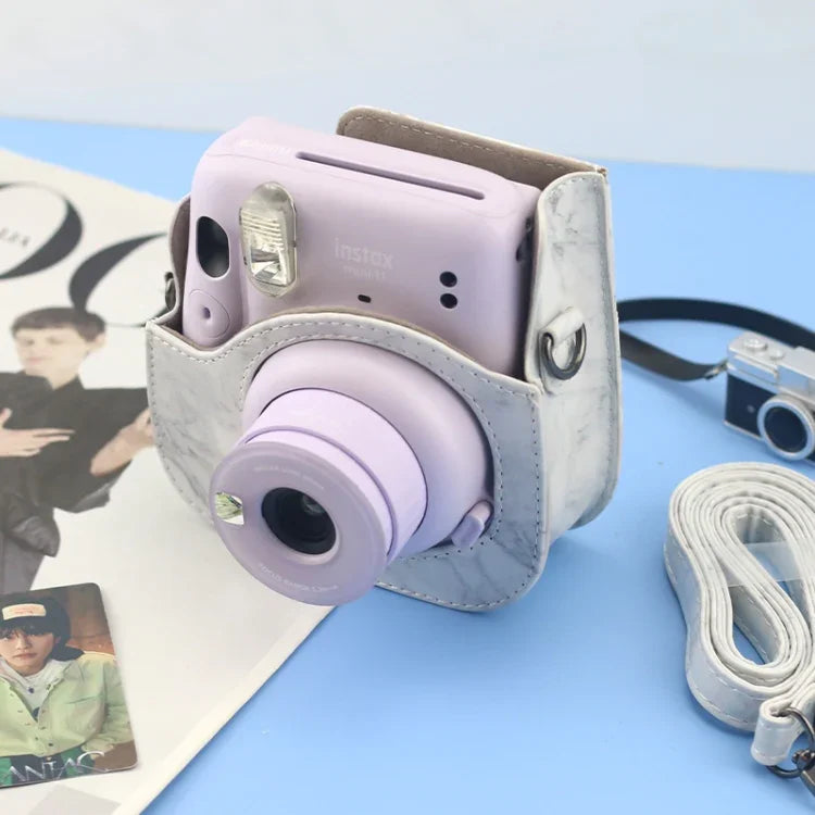 FUJIFILM instax mini 11 / 9 / 8 マーブルフルボディレザーケース カメラバッグ ストラップ付き