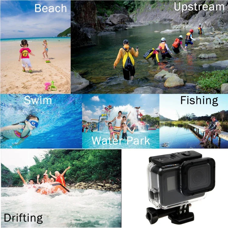 GoPro HERO6 /5 用 30m防水ハウジング保護ケース + バックカバー（ホロータイプ）＋バックル付きベーシックマウント＆ネジ、レンズ分解不要(GP413)、ハウジングケース＋バックカバー