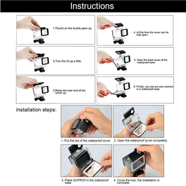 GoPro HERO6 /5 用 30m防水ハウジング保護ケース + バックカバー（ホロータイプ）＋バックル付きベーシックマウント＆ネジ、レンズ分解不要(GP413)、ハウジングケース＋バックカバー