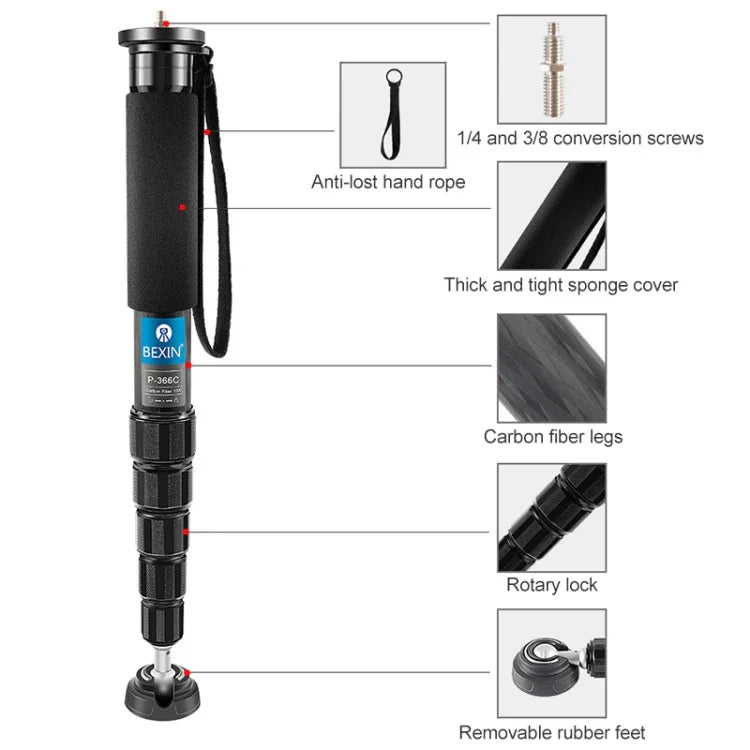 BEXIN P336C カーボンファイバーモノポッド トラベルライブ自撮りブラケットホルダー、P336C