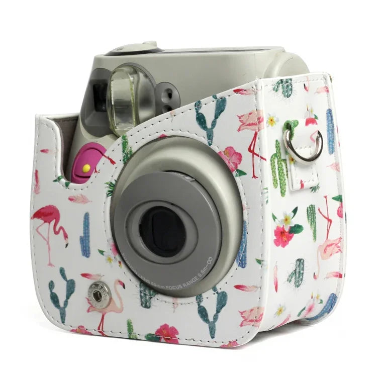 フラミンゴサボテン柄 PUレザー 保護カメラケースバッグ FUJIFILM Instax Mini 7S / 7C用, フラミンゴサボテン