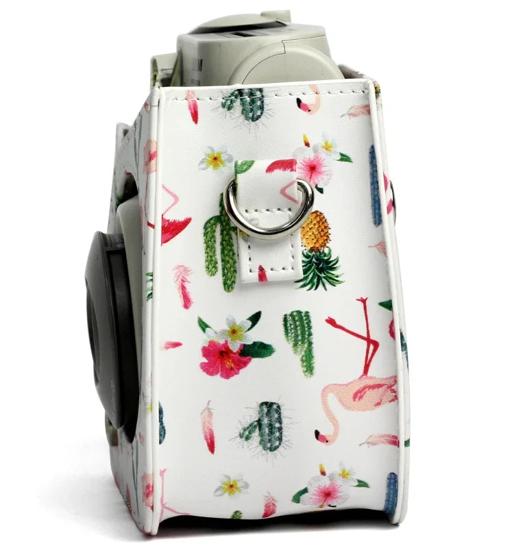 フラミンゴサボテン柄 PUレザー 保護カメラケースバッグ FUJIFILM Instax Mini 7S / 7C用, フラミンゴサボテン
