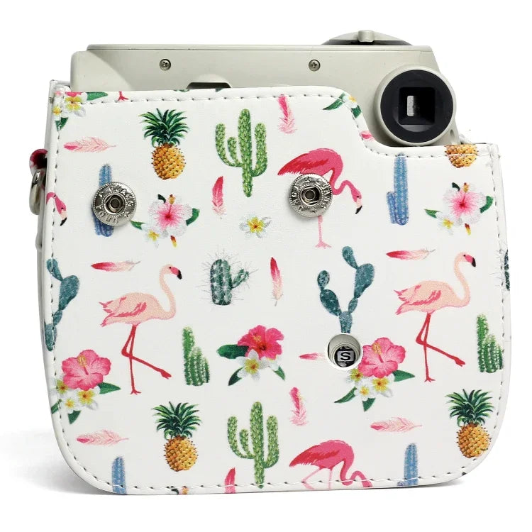 フラミンゴサボテン柄 PUレザー 保護カメラケースバッグ FUJIFILM Instax Mini 7S / 7C用, フラミンゴサボテン