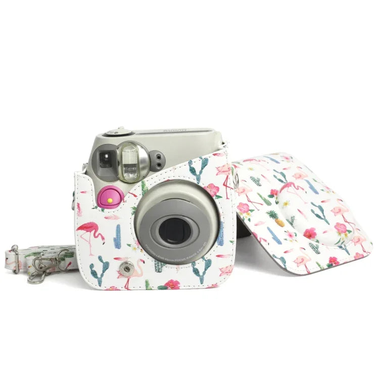 フラミンゴサボテン柄 PUレザー 保護カメラケースバッグ FUJIFILM Instax Mini 7S / 7C用, フラミンゴサボテン