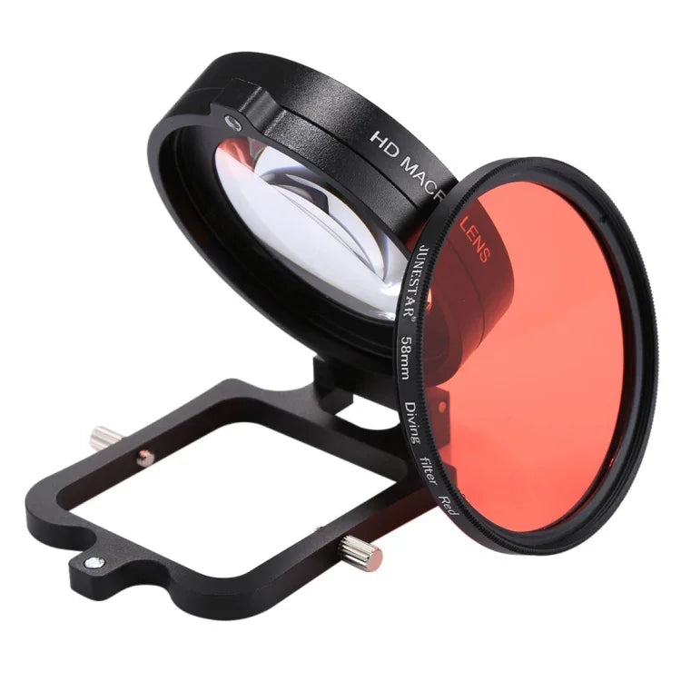 JSR 58mm 16倍マクロレンズ + 赤色ダイビングレンズフィルター レンズカバー付き + レンズフィルターリングアダプター + ストラップ + クリーニングクロス GoPro HERO6 / 5ダイブハウジング用 HERO6 / 5対応