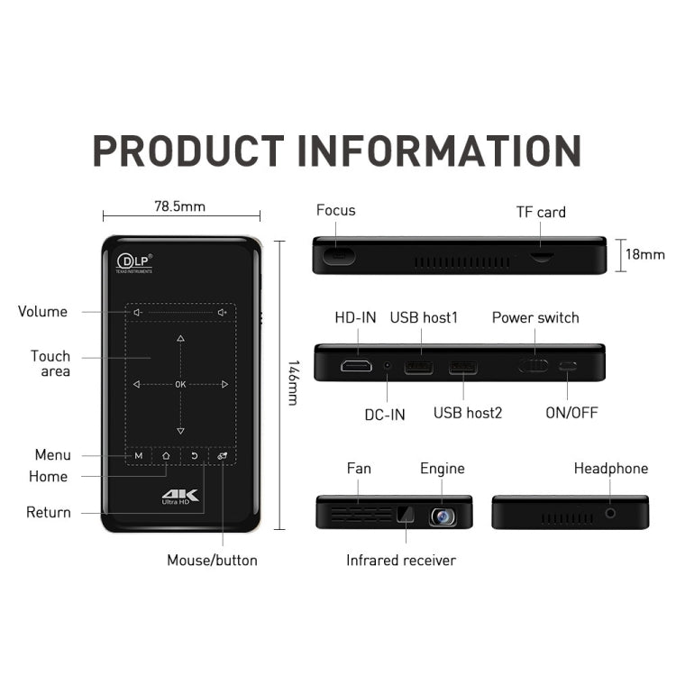 P09 ポータブル4KウルトラHD DLPミニスマートプロジェクター 赤外線リモコン付き Amlogic S905X 4コア A53 最大1.5GHz Android 6.0 1GB+8GB 2.4G/5G WiFi対応 Bluetooth TFカード対応