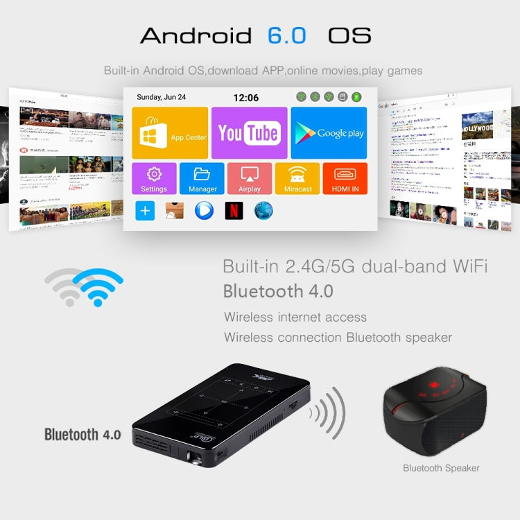 P09 ポータブル4KウルトラHD DLPミニスマートプロジェクター 赤外線リモコン付き Amlogic S905X 4コア A53 最大1.5GHz Android 6.0 1GB+8GB 2.4G/5G WiFi対応 Bluetooth TFカード対応