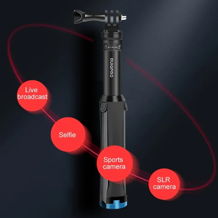 RUIGPRO 一体型ハンドヘルド三脚 セルフィースティック 伸縮モノポッドマウント GoPro、Insta360、DJIおよびその他のアクションカメラ用、ブラック
