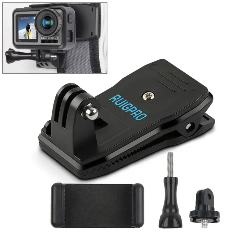 RUIGPRO 360度回転バックパックRec-Mountsクリップクランプマウント＋スマホクランプ GoPro、Insta360、DJIおよびその他のアクションカメラ用、Rec-Mounts+クランプ