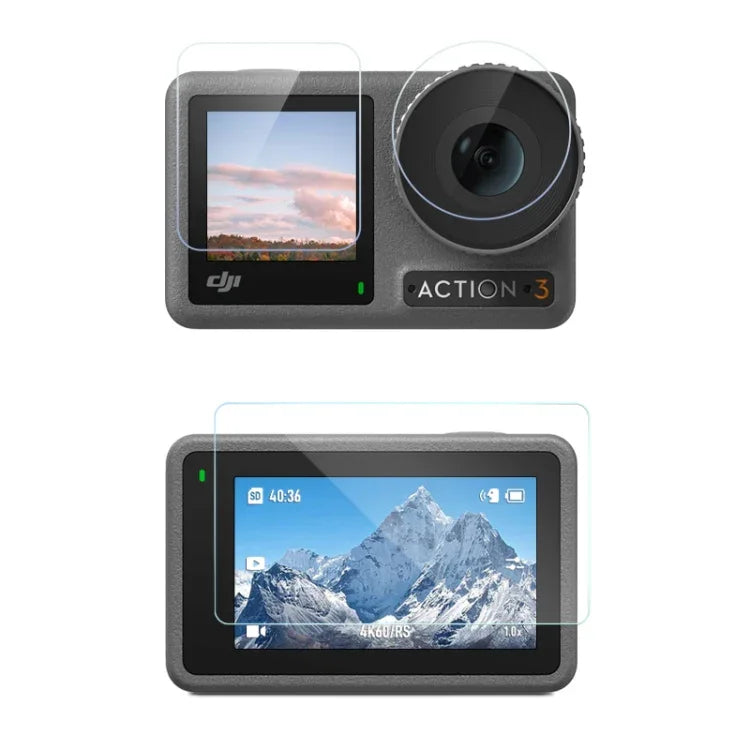 DJI Osmo Action 3用3-in-1レンズ前後スクリーンダイヤモンド防爆フィルム、DJI Osmo Action 3用