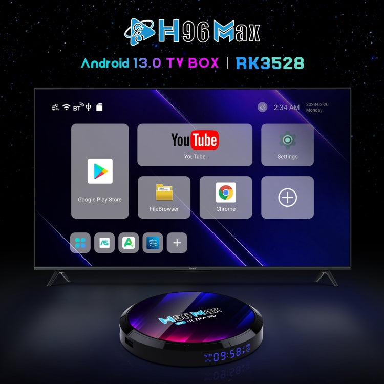 H96 Max 8K ウルトラHD スマートTVボックス Android 13.0 メディアプレーヤー リモコン付き、RK3528 クアッドコア、4GB+64GB、4GB+64GB
