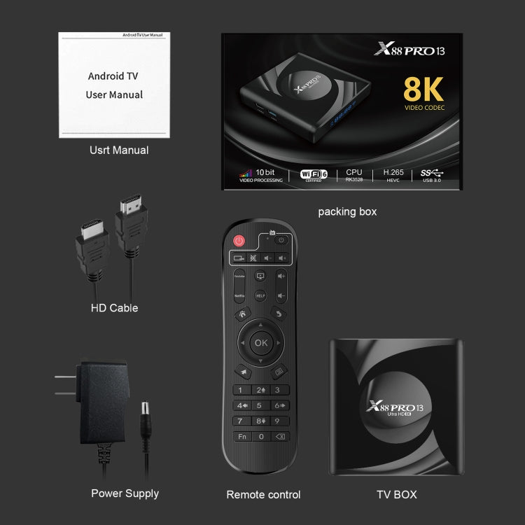 X88 Pro 13 Android 13.0 スマートTVボックス リモコン付き、RK3528 クアッドコア、4G+64GB、4G+64GB